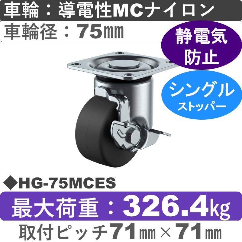 HG-75MCES ユーエイキャスター ストッパー付自在金具 導電性モノマーキャストナイロン(B入)車輪75㎜