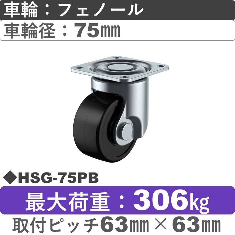 HSG-75PB ユーエイキャスター 自在金具 フェノール(B入)車輪75㎜