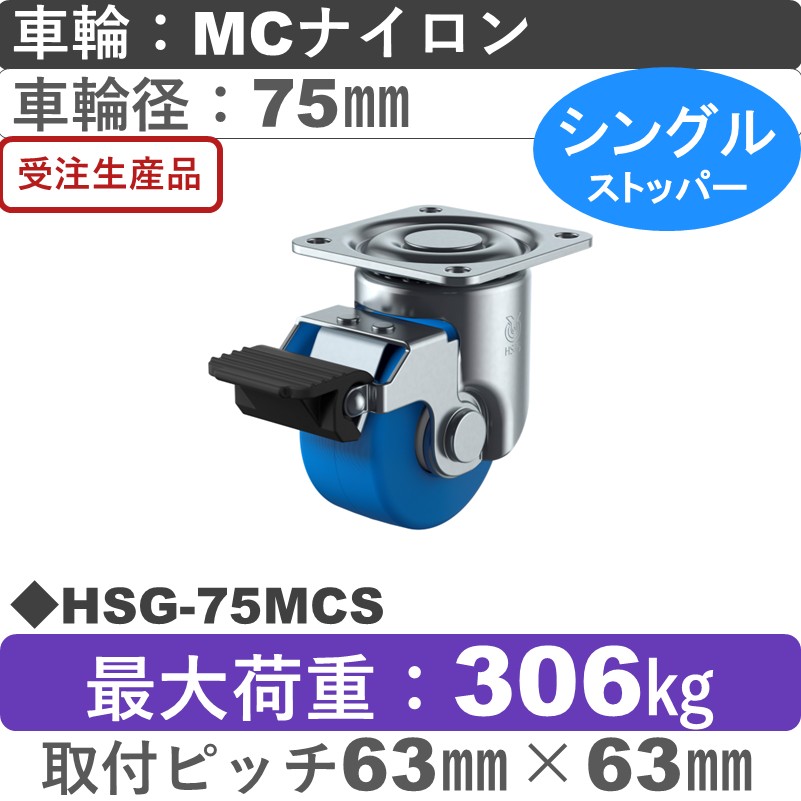 HSG-75MCS ユーエイキャスター ストッパー付自在金具 モノマーキャストナイロン(B入)車輪75㎜