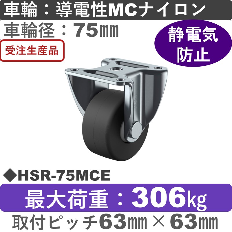 HSR-75MCE ユーエイキャスター 固定金具 導電性モノマーキャストナイロン(B入)車輪75㎜