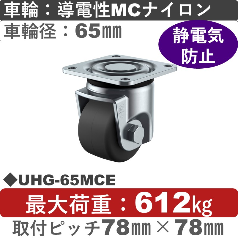 UHG-65MCE ユーエイキャスター 自在金具 導電性モノマーキャストナイロン(B入)車輪65㎜