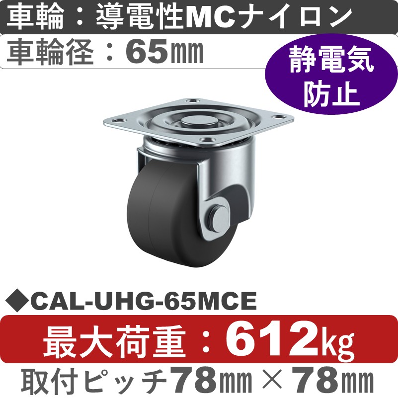 CAL-UHG-65MCE ユーエイキャスター 自在金具 導電性モノマーキャストナイロン(B入)車輪65㎜