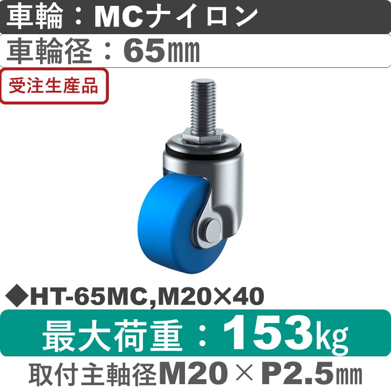 HT-65MC,M20×40 ユーエイキャスター 自在ねじ込み式 モノマーキャストナイロン(B入)車輪65㎜