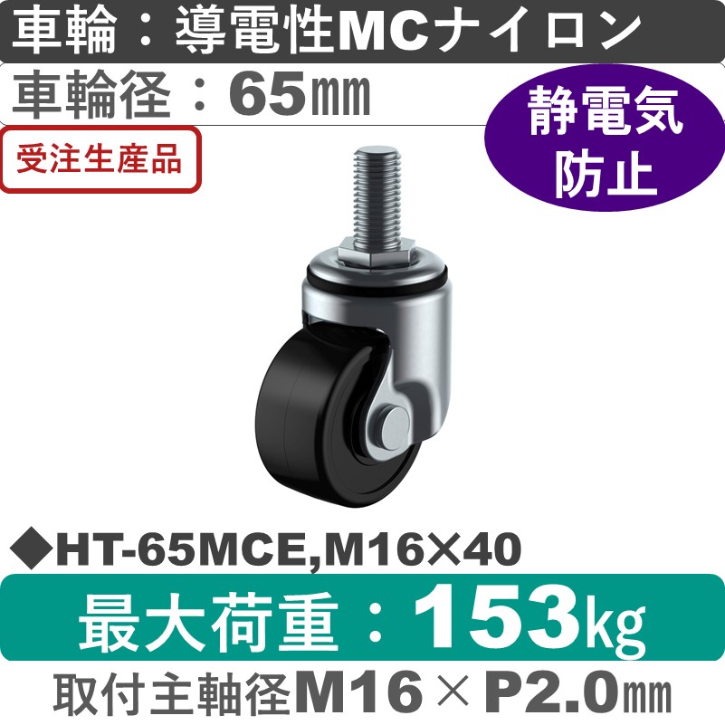 HT-65MCE,M16×40 ユーエイキャスター 自在ねじ込み式 導電性モノマーキャストナイロン(B入)車輪65㎜