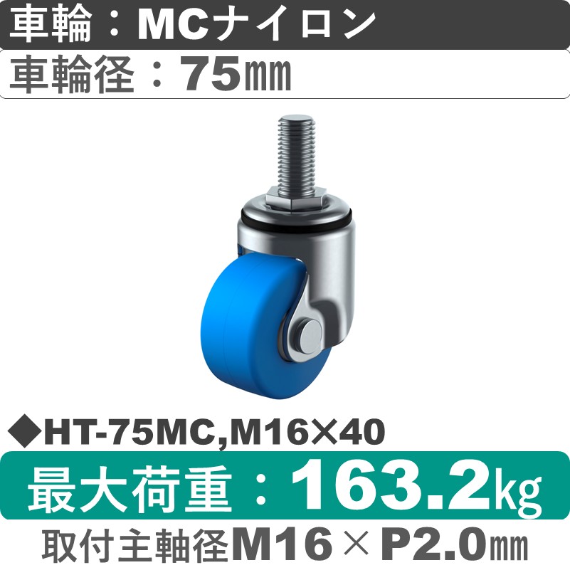 HT-75MC,M16×40 ユーエイキャスター 自在ねじ込み式 モノマーキャストナイロン(B入)車輪75㎜