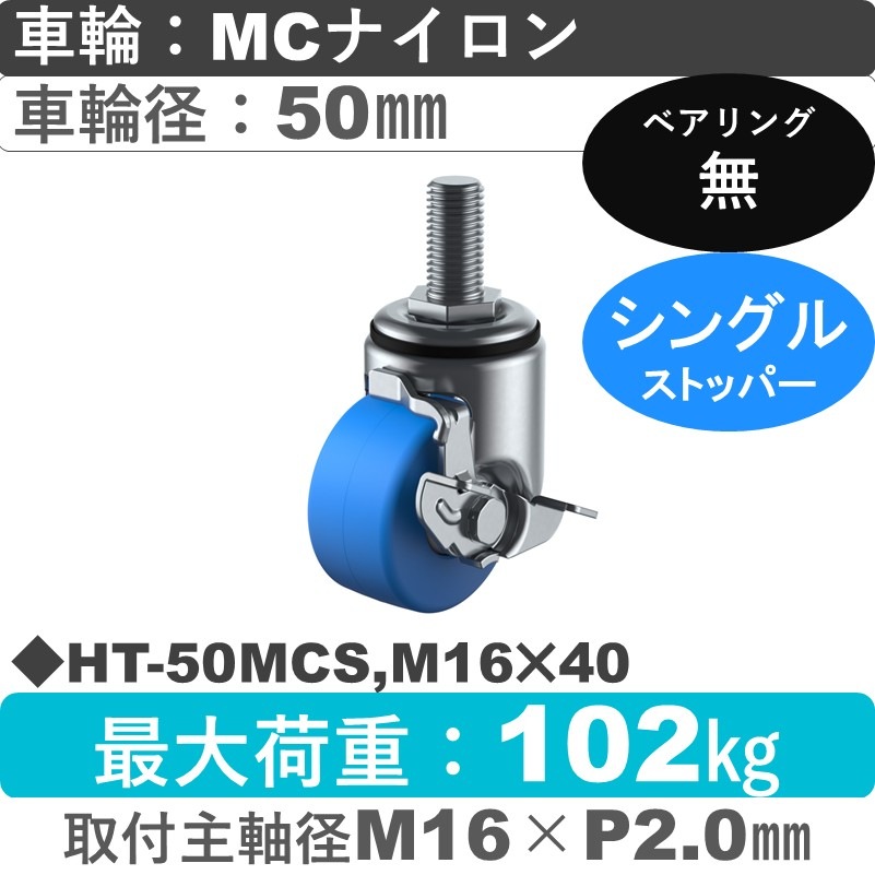 HT-50MCS,M16×40 ユーエイキャスター ストッパー付自在ねじ込み式 モノマーキャストナイロン車輪50㎜