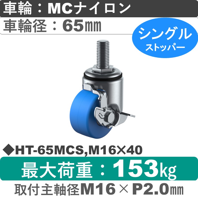 HT-65MCS,M16×40 ユーエイキャスター ストッパー付自在ねじ込み式 モノマーキャストナイロン(B入)車輪65㎜