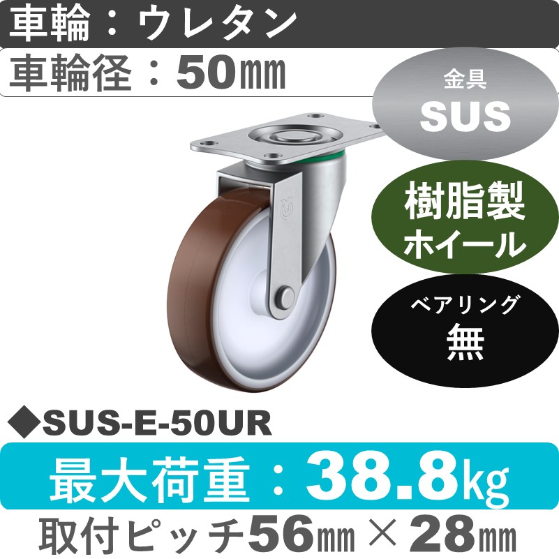 SUS-E-50UR ユーエイキャスター ステンレス 自在金具 ウレタン車輪50㎜