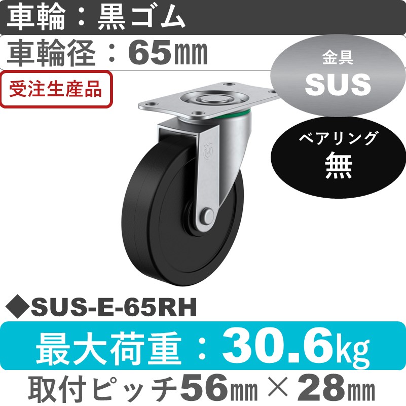 SUS-E-65RH ユーエイキャスター ステンレス 自在金具 ゴム車輪65㎜