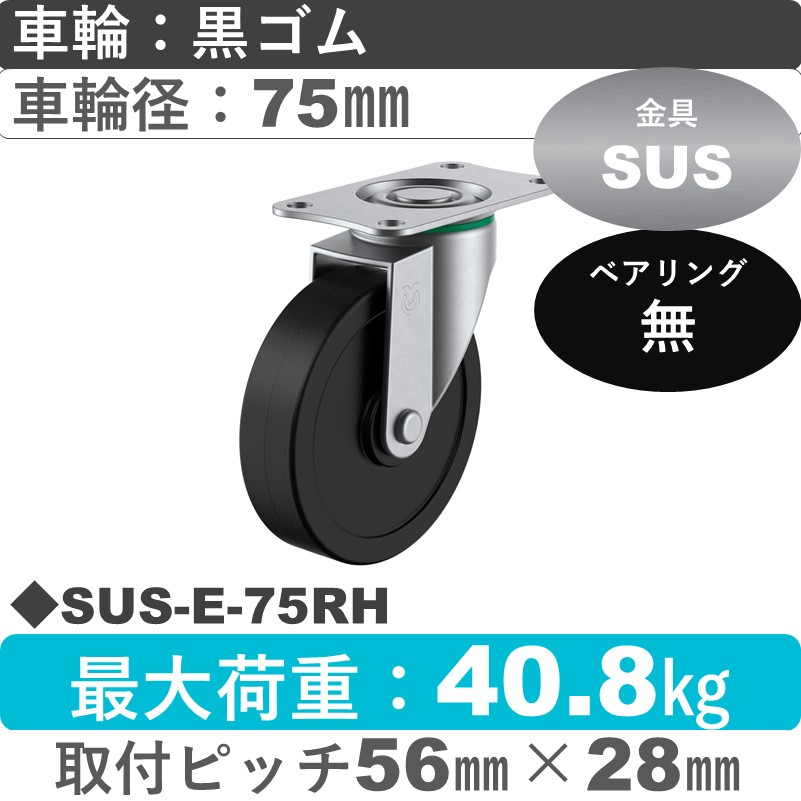 SUS-E-75RH ユーエイキャスター ステンレス 自在金具 ゴム車輪75㎜
