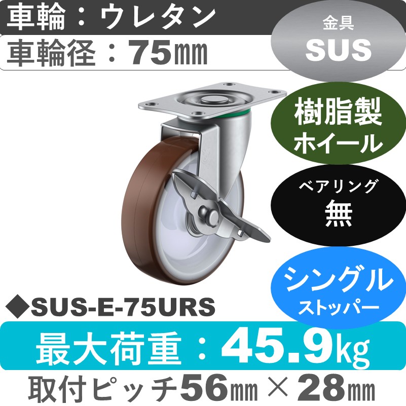 SUS-E-75URS ユーエイキャスター ステンレス ストッパー付自在金具 ウレタン車輪75㎜