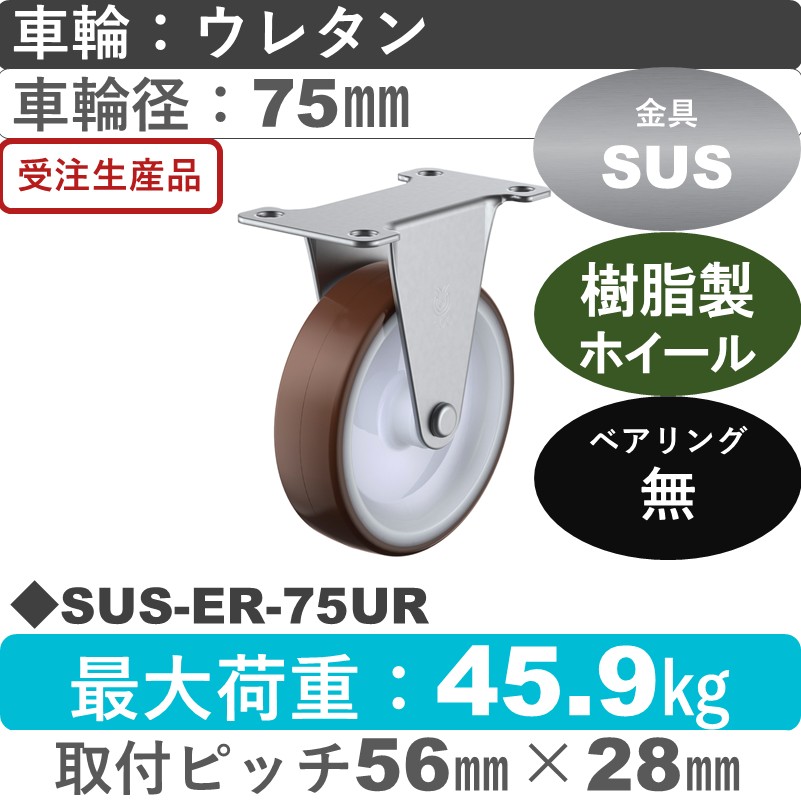 SUS-ER-75UR ユーエイキャスター ステンレス 固定金具 ウレタン車輪75㎜