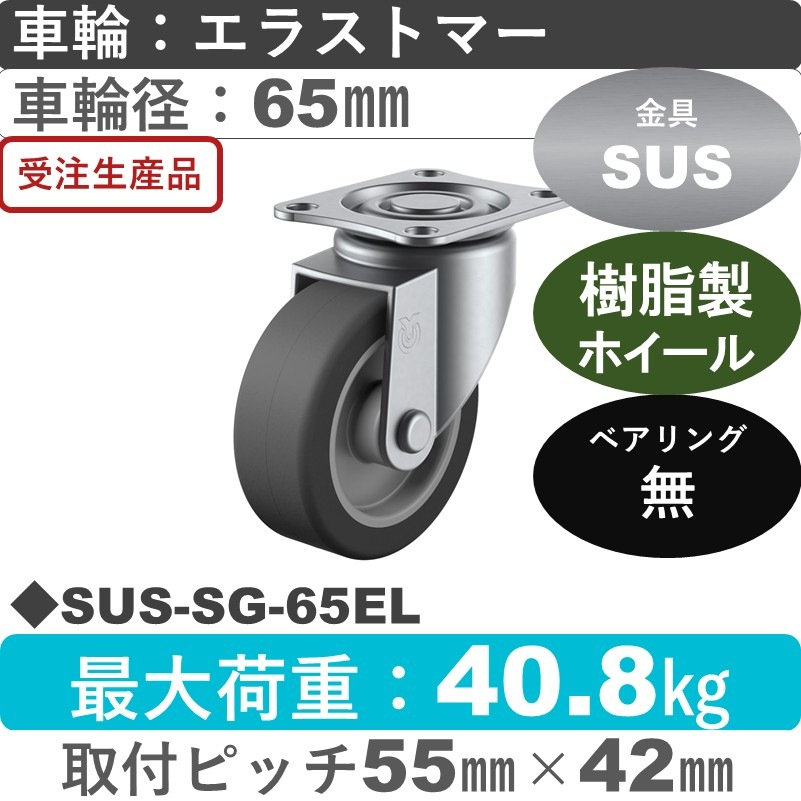 SUS-SG-65EL ユーエイキャスター ステンレス 自在金具 エラストマー車輪65㎜