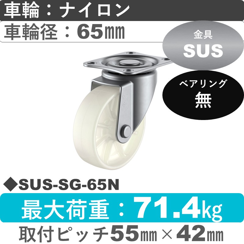SUS-SG-65N ユーエイキャスター ステンレス 自在金具 ナイロン車輪65㎜