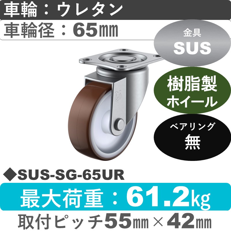 SUS-SG-65UR ユーエイキャスター ステンレス 自在金具 ウレタン車輪65㎜
