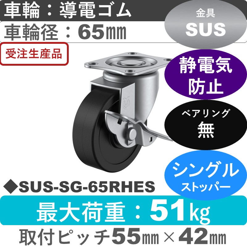 SUS-SG-65RHES ユーエイキャスター ステンレス ストッパー付自在金具 導電ゴム車輪65㎜