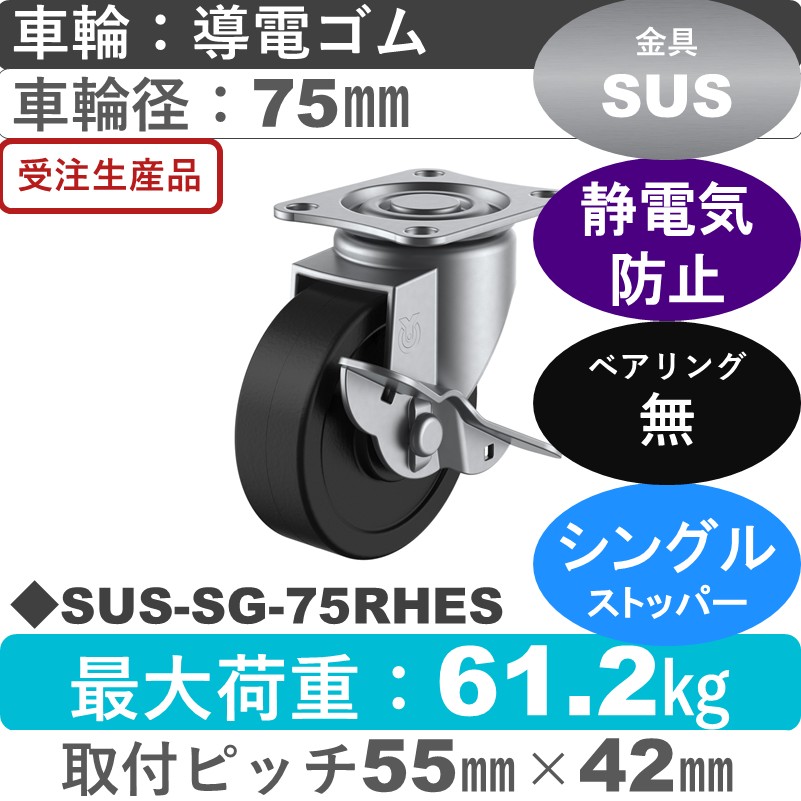 SUS-SG-75RHES ユーエイキャスター ステンレス ストッパー付自在金具 導電ゴム車輪75㎜