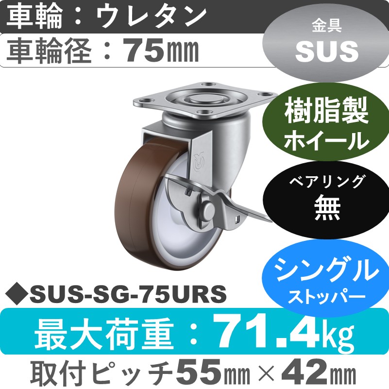 SUS-SG-75URS ユーエイキャスター ステンレス ストッパー付自在金具 ウレタン車輪75㎜