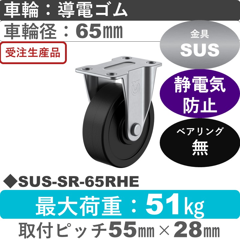 SUS-SR-65RHE ユーエイキャスター ステンレス 固定金具 導電ゴム車輪65㎜
