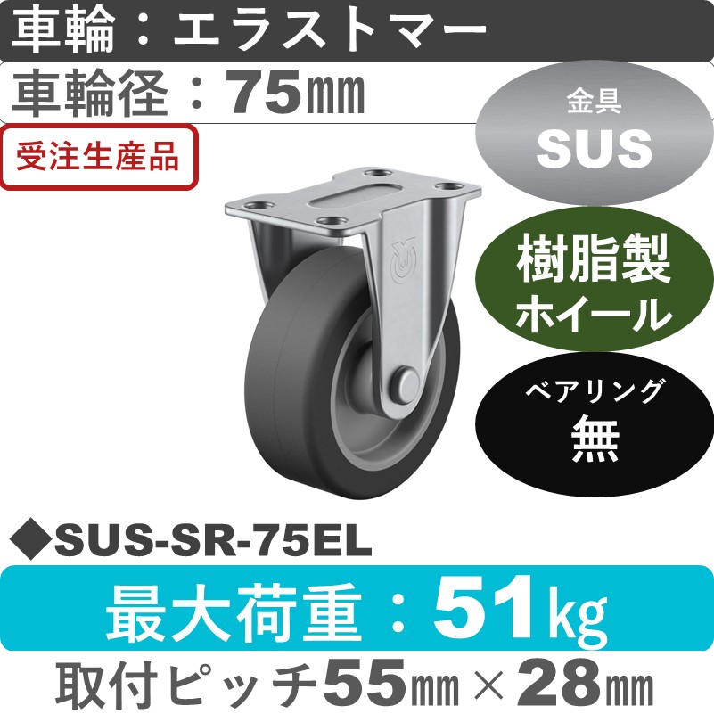 SUS-SR-75EL ユーエイキャスター ステンレス 固定金具 エラストマー車輪75㎜