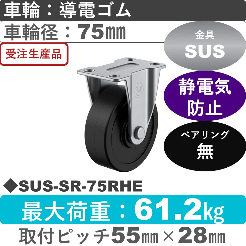 SUS-SR-75RHE ユーエイキャスター ステンレス 固定金具 導電ゴム車輪75㎜