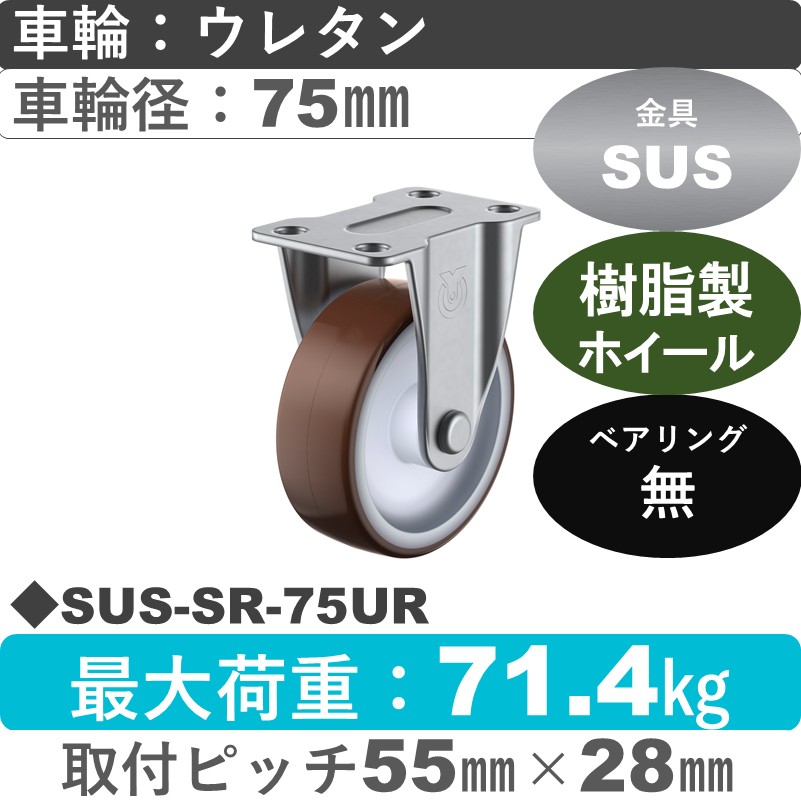 SUS-SR-75UR ユーエイキャスター ステンレス 固定金具 ウレタン車輪75㎜