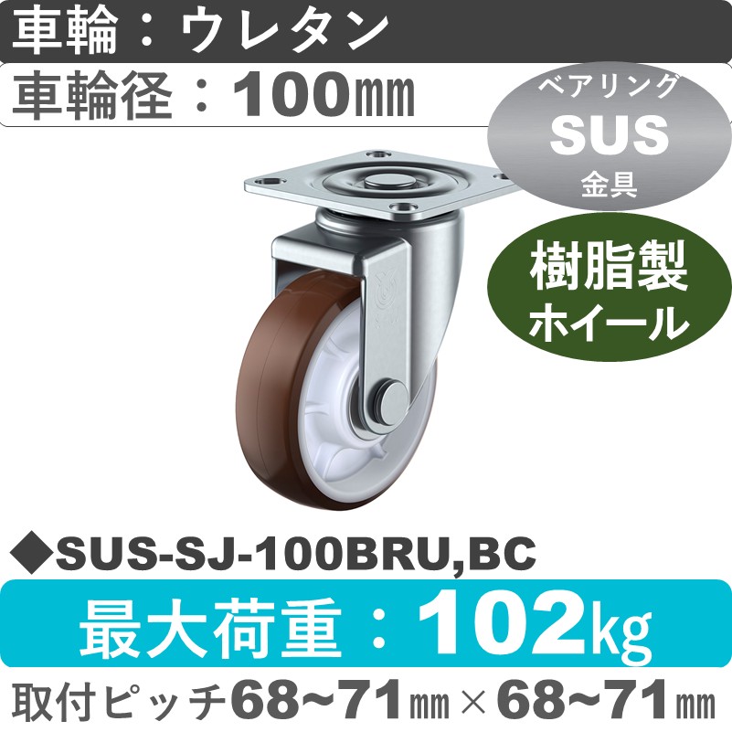 SUS-SJ-100BRU,BC ユーエイキャスター ステンレス 自在金具 ウレタン(B入)車輪100㎜