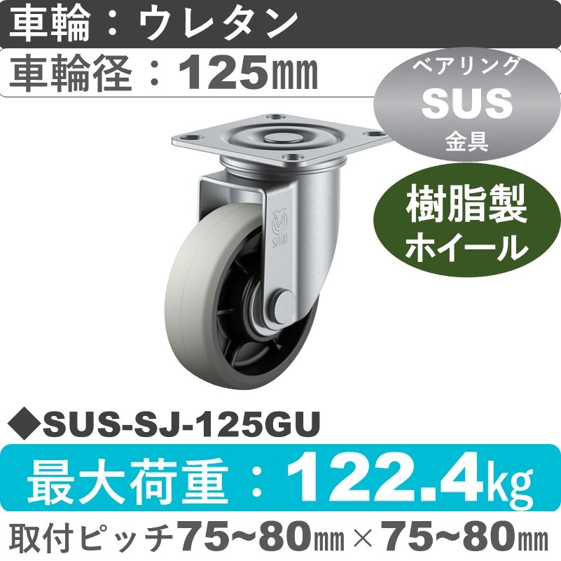 SUS-SJ-125GU ユーエイキャスター ステンレス 自在金具 ウレタン(B入)車輪125㎜