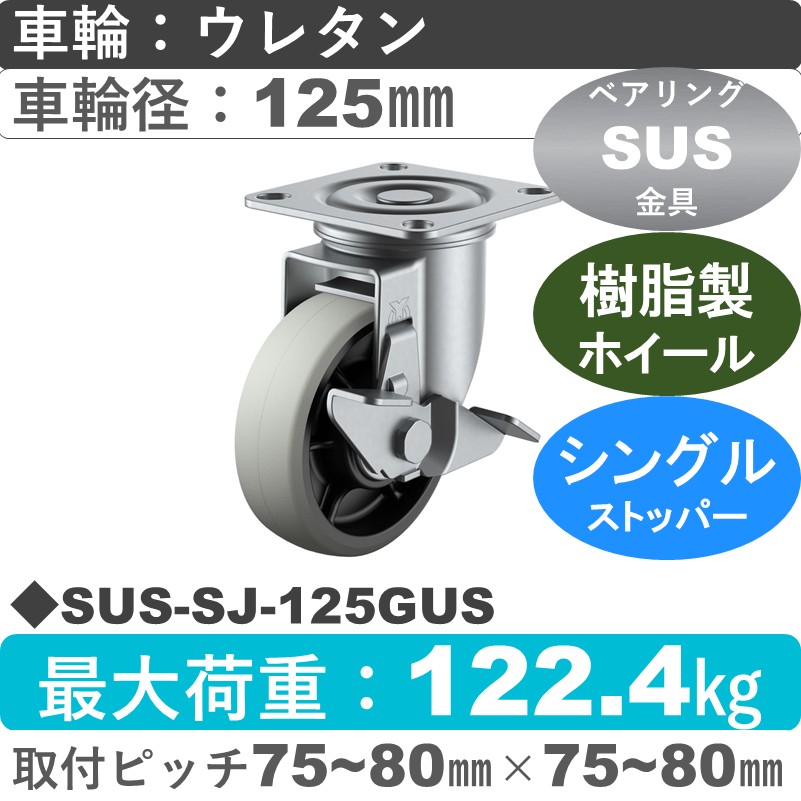 SUS-SJ-125GUS ユーエイキャスター ステンレス ストッパー付自在金具 ウレタン(B入)車輪125㎜