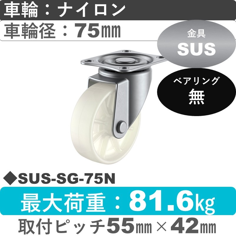 SUS-SG-75N ユーエイキャスター ステンレス 自在金具 ナイロン車輪75㎜