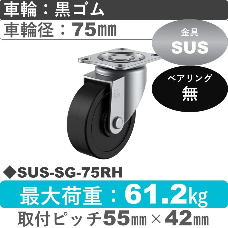 SUS-SG-75RH ユーエイキャスター ステンレス 自在金具 ゴム車輪75㎜