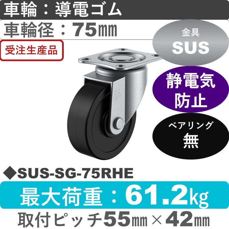 SUS-SG-75RHE ユーエイキャスター ステンレス 自在金具 導電ゴム車輪75㎜