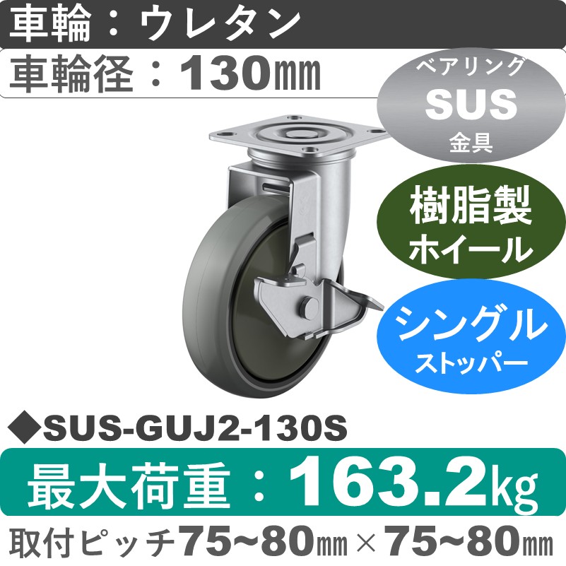 SUS-GUJ2-130S ユーエイキャスター ステンレス ストッパー付自在金具 ウレタン(B入)車輪130㎜