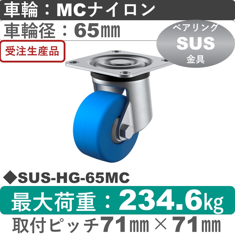 SUS-HG-65MC ユーエイキャスター ステンレス 自在金具 モノマーキャストナイロン(B入)車輪65㎜