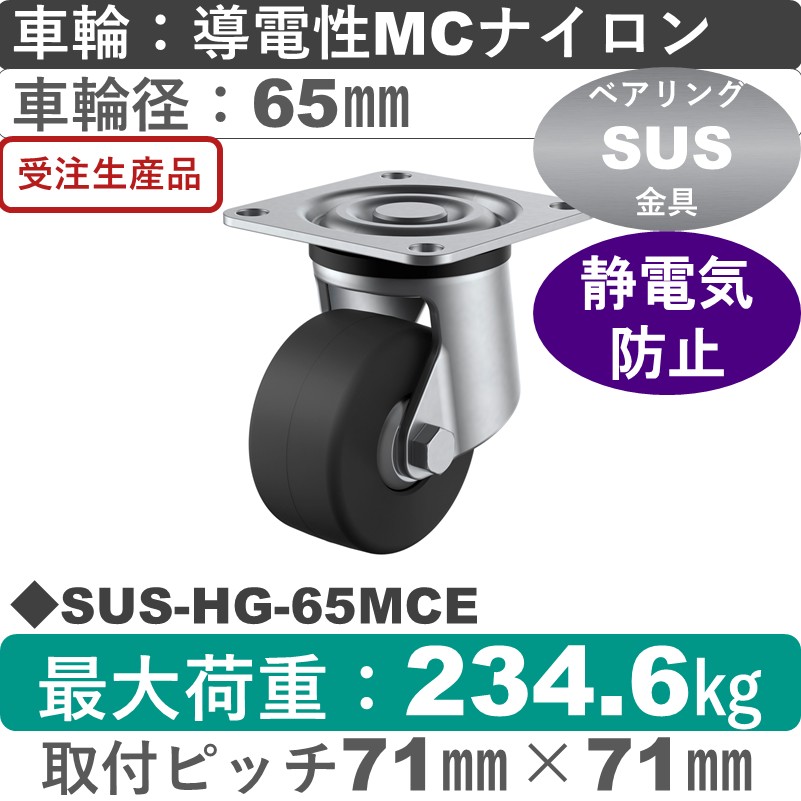 SUS-HG-65MCE ユーエイキャスター ステンレス 自在金具 導電性モノマーキャストナイロン(B入)車輪65㎜