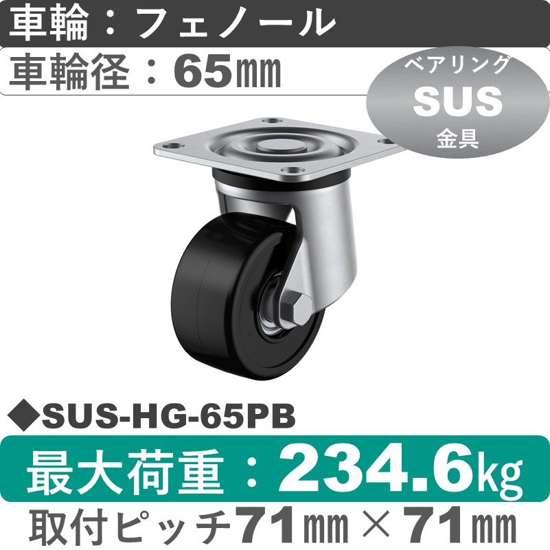 SUS-HG-65PB ユーエイキャスター ステンレス 自在金具 フェノール(B入)車輪65㎜