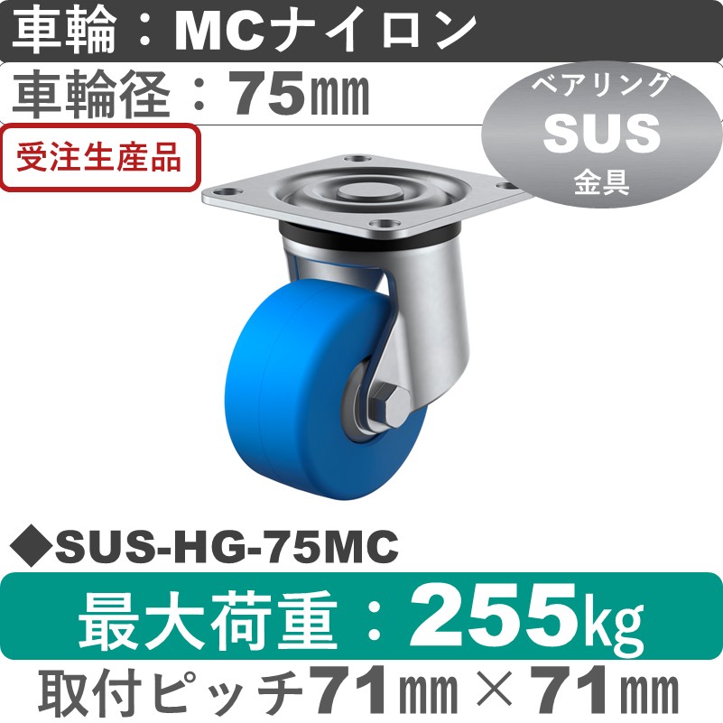 SUS-HG-75MC ユーエイキャスター ステンレス 自在金具 モノマーキャストナイロン(B入)車輪75㎜