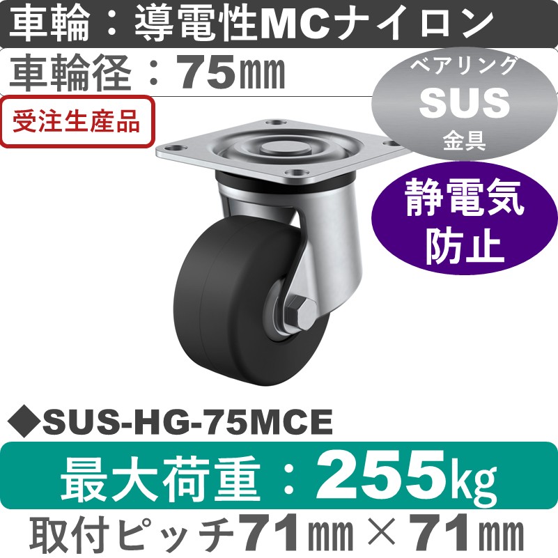 SUS-HG-75MCE ユーエイキャスター ステンレス 自在金具 導電性モノマーキャストナイロン(B入)車輪75㎜