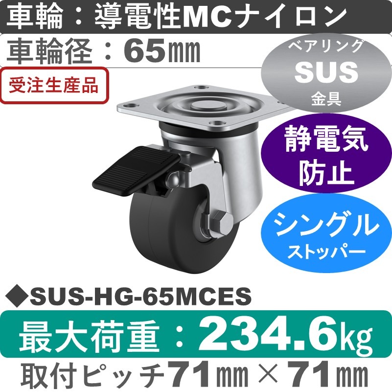 SUS-HG-65MCES ユーエイキャスター ステンレス ストッパー付自在金具 導電性モノマーキャストナイロン(B入)車輪65㎜