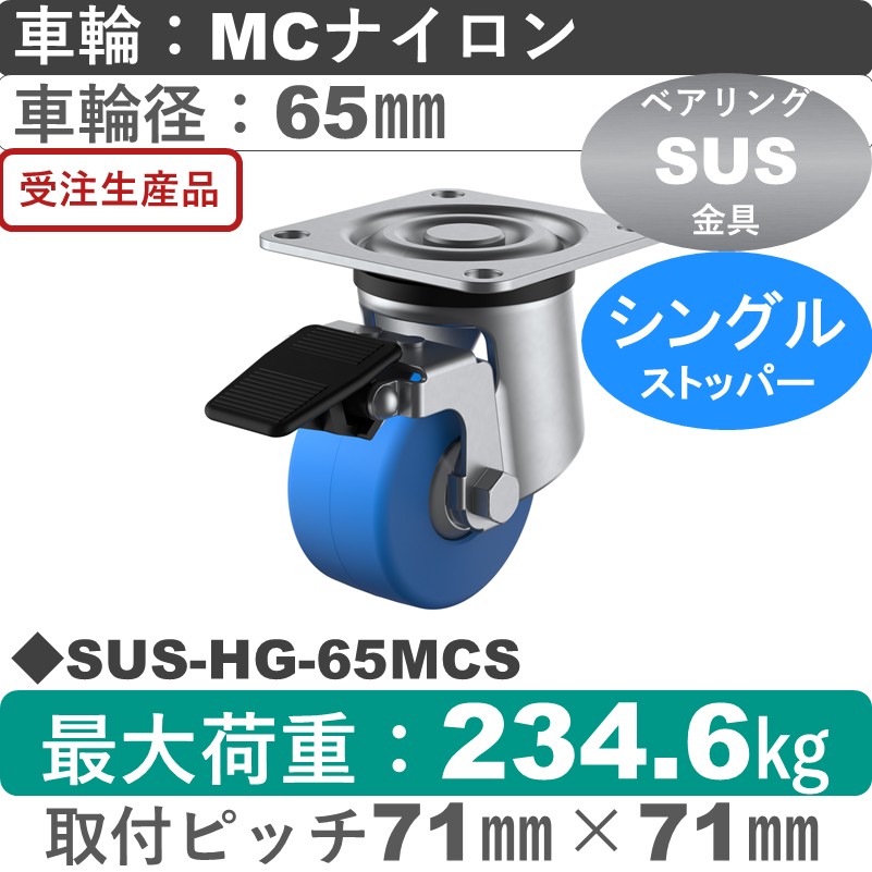 SUS-HG-65MCS ユーエイキャスター ステンレス ストッパー付自在金具 モノマーキャストナイロン(B入)車輪65㎜
