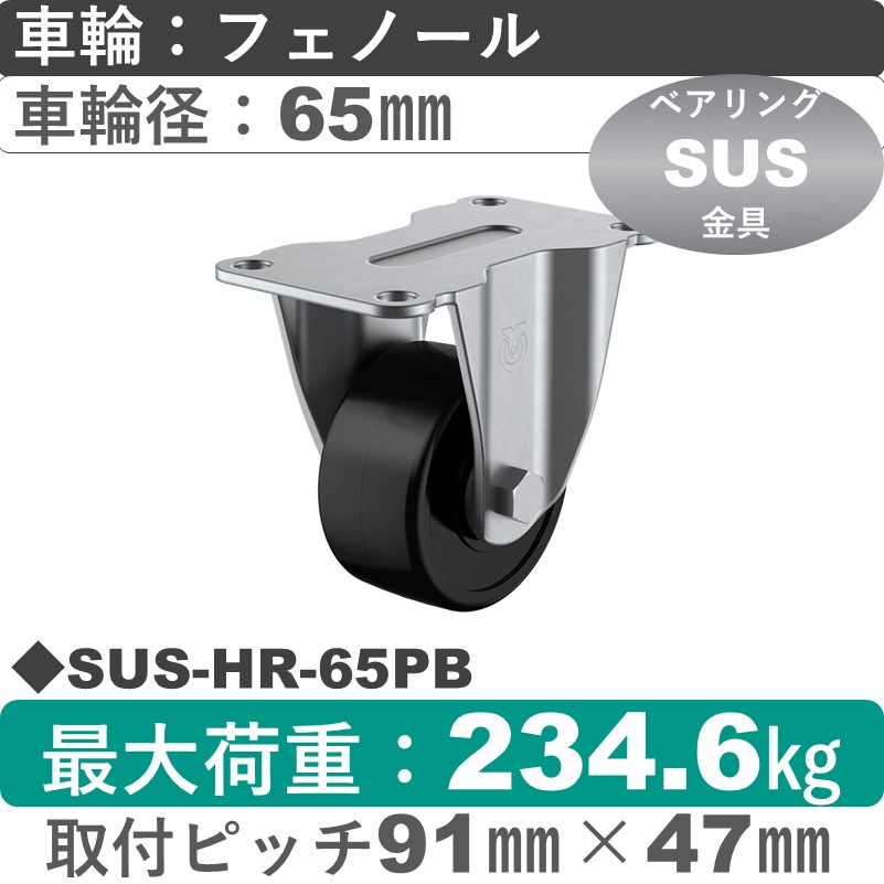 SUS-HR-65PB ユーエイキャスター ステンレス 固定金具 フェノール(B入)車輪65㎜