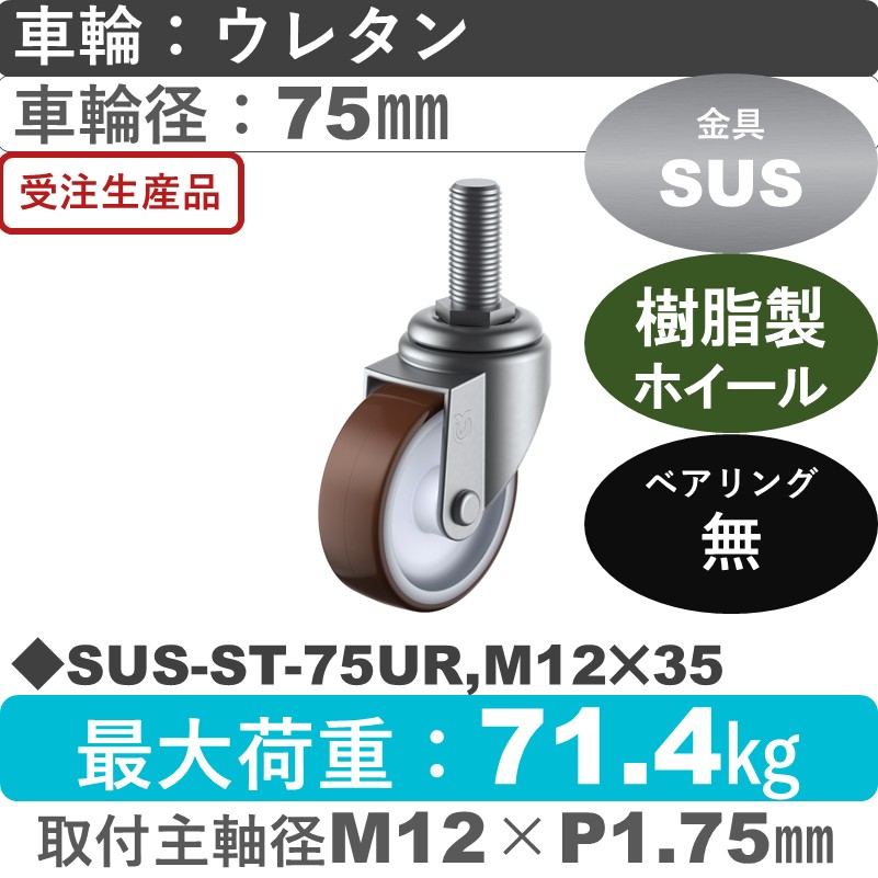 SUS-ST-75UR,M12×35 ユーエイキャスター ステンレス 自在ねじ込み式 ウレタン車輪75㎜