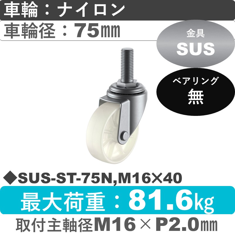 SUS-ST-75N,M16×40 ユーエイキャスター ステンレス 自在ねじ込み式 ナイロン車輪75㎜