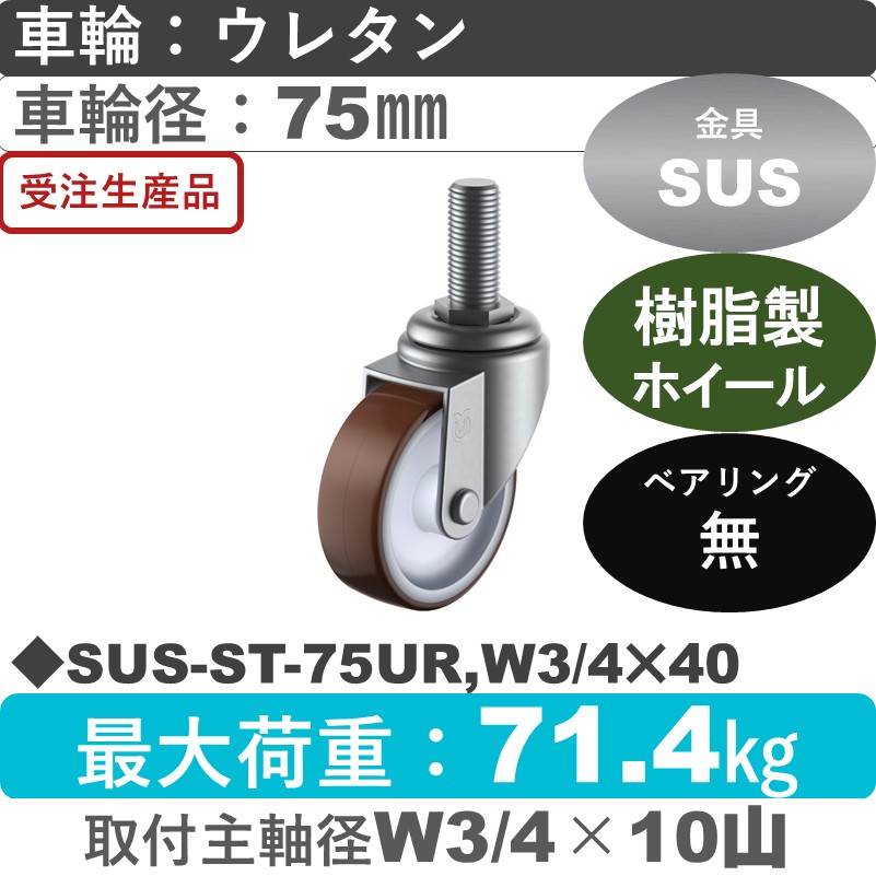 SUS-ST-75UR,W3/4×40 ユーエイキャスター ステンレス 自在ねじ込み式 ウレタン車輪75㎜