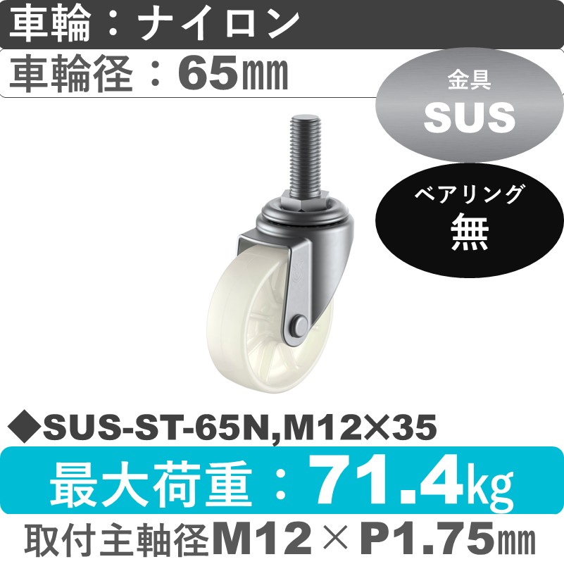 SUS-ST-65N,M12×35 ユーエイキャスター ステンレス 自在ねじ込み式 ナイロン車輪65㎜