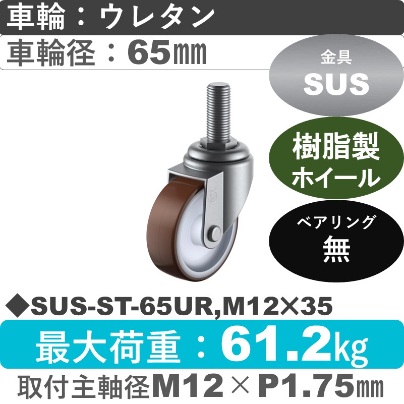 SUS-ST-65UR,M12×35 ユーエイキャスター ステンレス 自在ねじ込み式 ウレタン車輪65㎜
