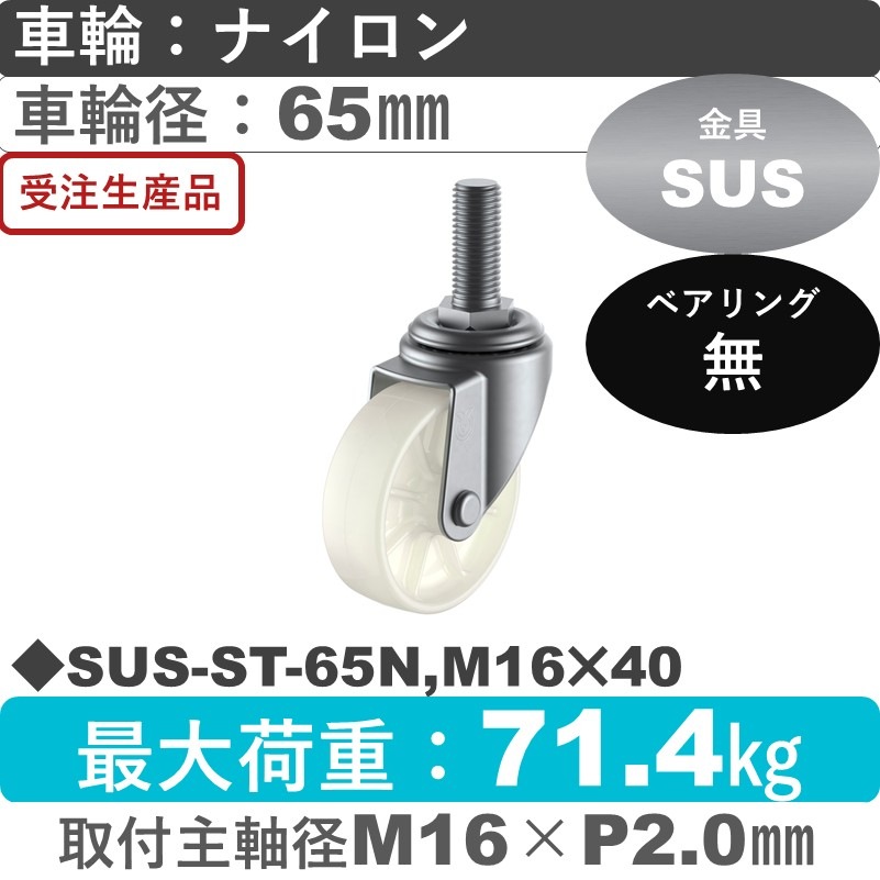 SUS-ST-65N,M16×40 ユーエイキャスター ステンレス 自在ねじ込み式 ナイロン車輪65㎜