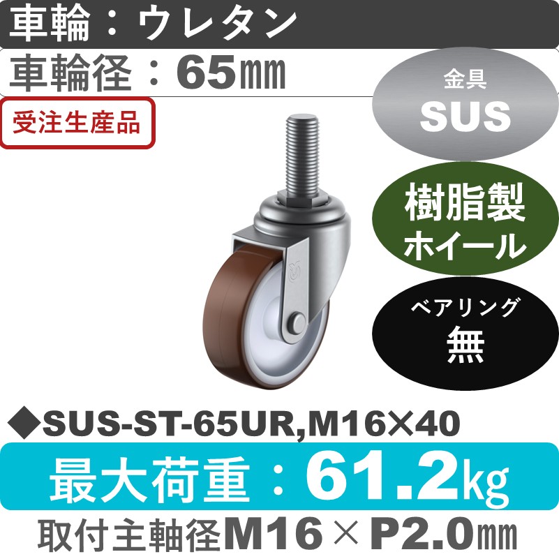SUS-ST-65UR,M16×40 ユーエイキャスター ステンレス 自在ねじ込み式 ウレタン車輪65㎜