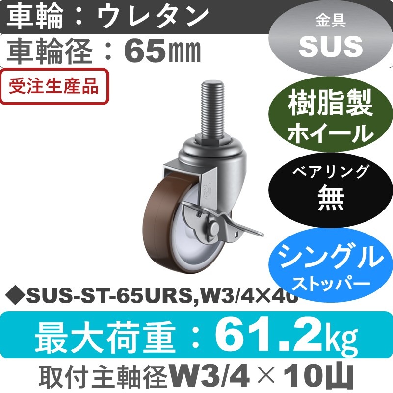 SUS-ST-65URS,W3/4×40 ユーエイキャスター ステンレス ストッパー付自在ねじ込み式 ウレタン車輪65㎜