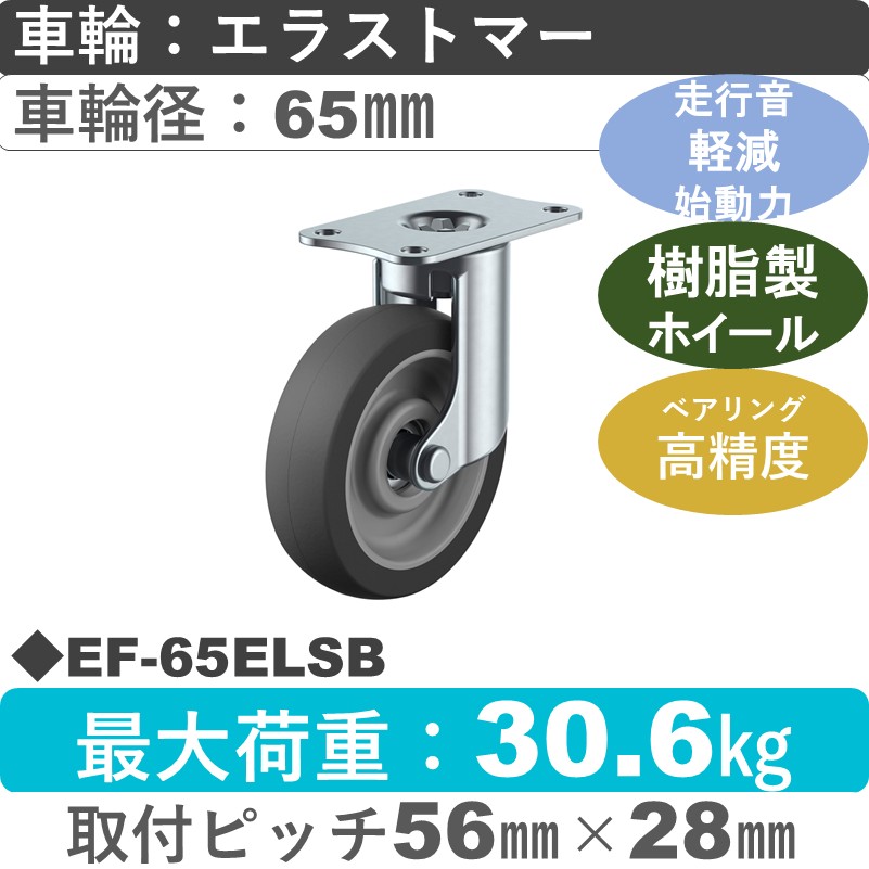EF-65ELSB ユーエイキャスター サイレンス 自在金具 エラストマー(B入)車輪65㎜